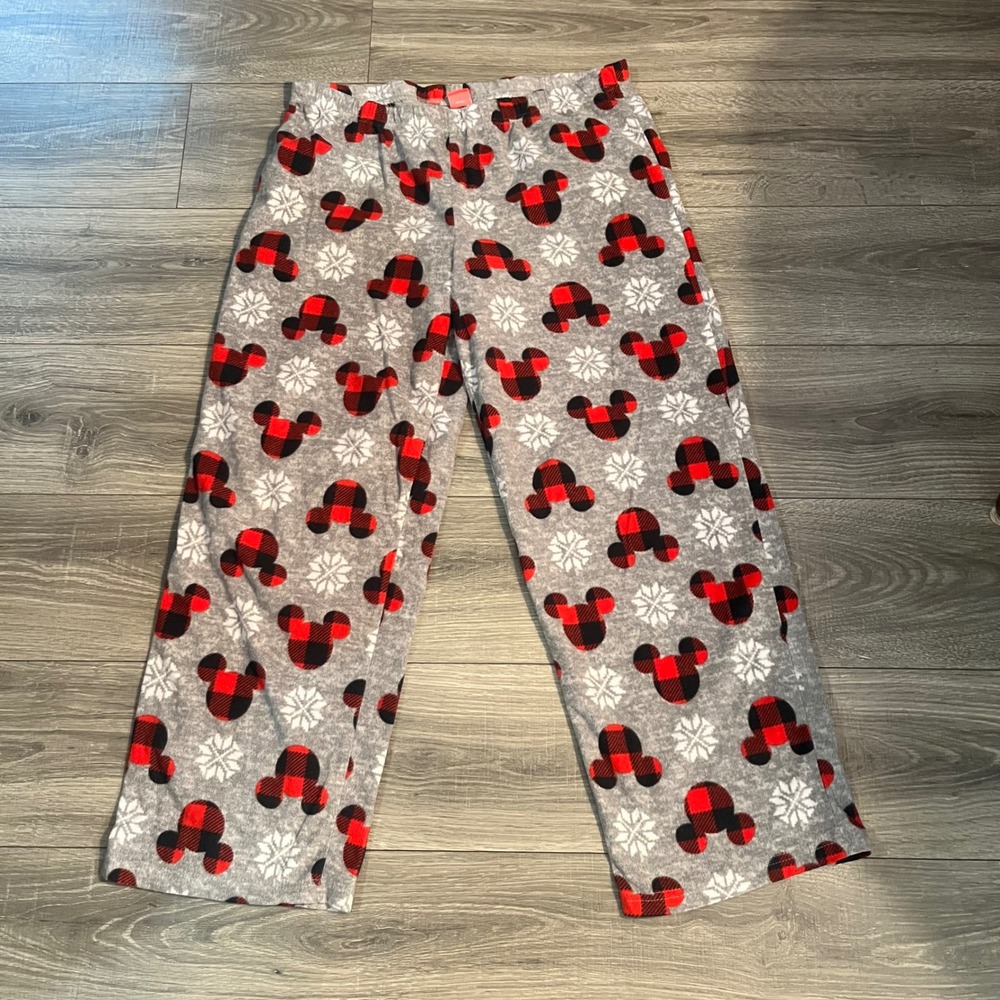 Disney Mickey Mouse Buffalo Plaid Snowflake Fleece Pajama Pants Gray Red Black